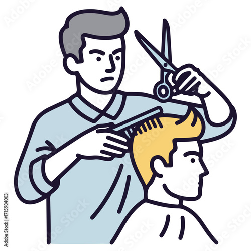 Barber carefully cutting hair of a client with scissors and comb.