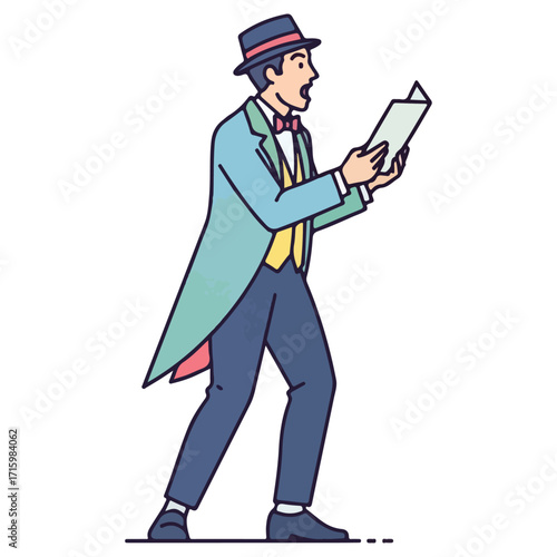 Man in formal attire singing from a sheet of paper.