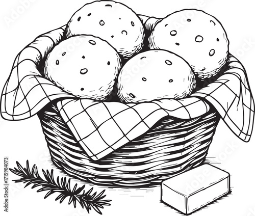 Freshly Baked Bread: A delightful illustration features a woven basket brimming with freshly baked bread rolls, inviting viewers with its wholesome appeal. A rustic arrangement.