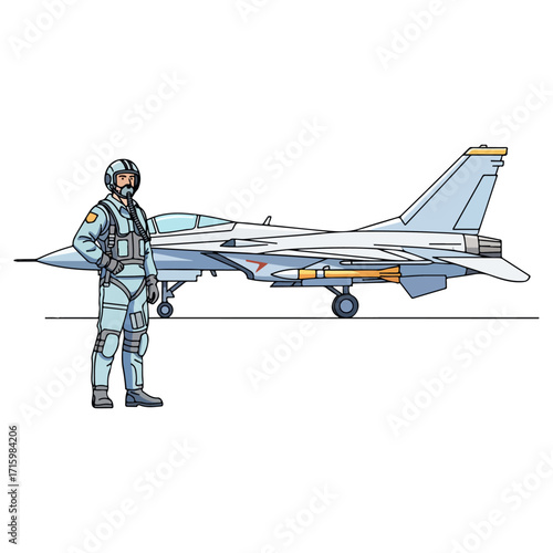 Pilot and Fighter Jet Standing on the Ground.