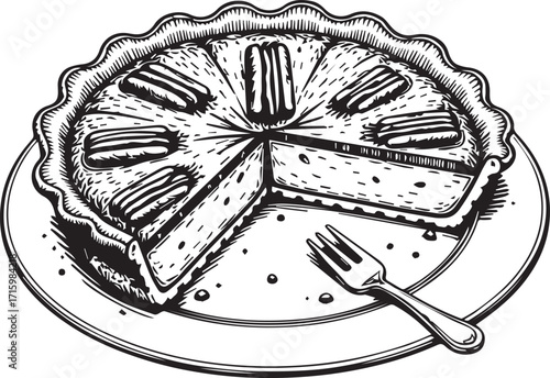 Pecan Pie: A detailed illustration of a pecan pie, featuring a golden crust, sweet filling, and pecan nut arrangement, sitting on a plate with a fork, inviting the viewers to taste.