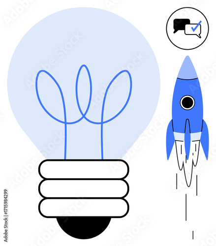 Light bulb with filament, blue rocket launching, and speech bubble with checkmark. Ideal for innovation, startup ideas, creativity, brainstorming, problem-solving, entrepreneurship communication