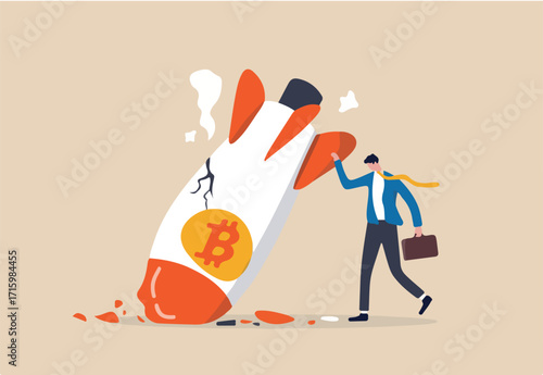 Bitcoin price collapse, crypto currency volatility price roaring fast and fall down causing investor huge loss concept, sad bankrupt businessman with crash fall down rocket with bitcoin symbol.