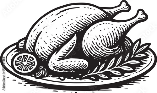 Roasted Chicken on a Plate: A vintage-style illustration depicts a succulent roasted chicken artfully arranged on a serving platter, accompanied by decorative garnishes.