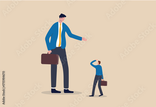 Big business competitor, career obstacle, conflict with boss, overcome difficulties in work or entrepreneur, SME, Small and Medium Enterprise concept, small guy businessman confront big competitor. 