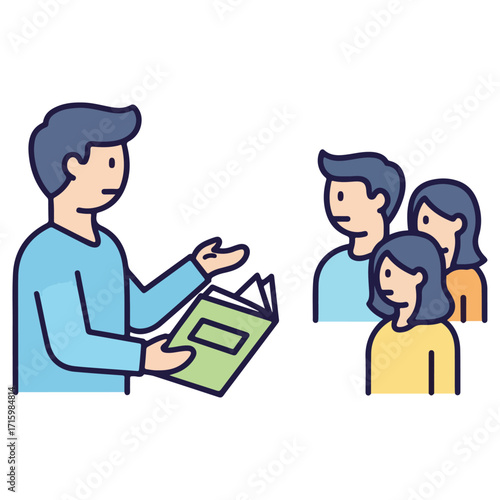 Teacher explaining lesson to students with book.