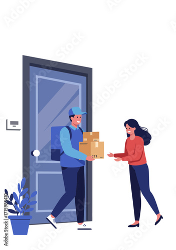 Flat Design Courier Delivering Packages to Customers Home