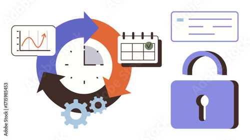 Circular clock with arrows, bar chart, calendar, lock, and gears conveying time management, data privacy, workflow optimization. Ideal for security, planning analytics productivity organization