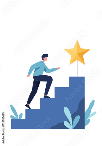Ambitious Man Climbing Stairs Towards Golden Star Goal