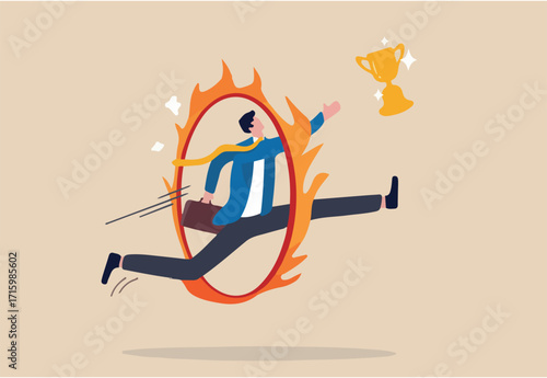 Business challenge, obstacle, risk or danger to overcome to become success, achievement or reward for work effort concept, skillful businessman jump over fiery burning hoops to catch winning trophy