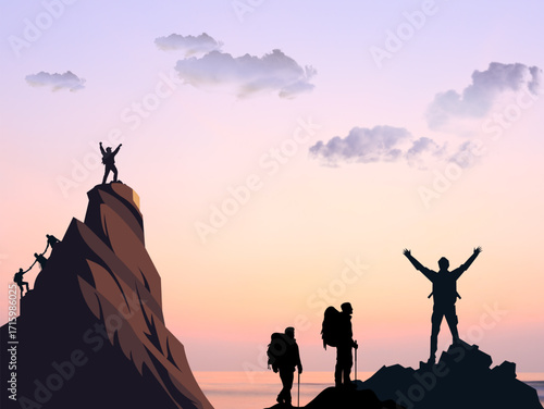 silhouette of a couple group of hiker on a sunset