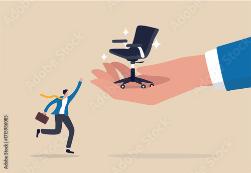 Career advancement, job promotion or career development or management or executive opportunity in company concept, boss helping hand give management chair to happy ambitious office businessman worker