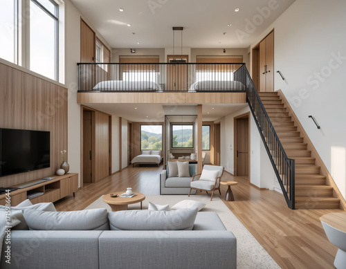 A duplex room in wooden interior with two levels and bedroom upstair, kithcen pantry, dining table downstair.