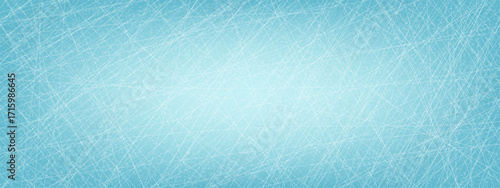 Winter background with a hockey scratched ice texture. The cool blue surface is covered with chaotic white lines, resembling skate marks on a frozen ice rink for sports or holiday themes