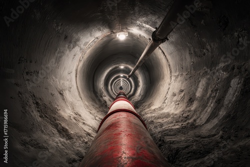 Fototapeta Naklejka Na Ścianę i Meble -  Perspective View of Confined Space in Underground Tunnel with Steel Pipes for Utility Transport