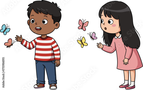 Cartoon children playing with butterflies, outdoor nature scene, joyful kids interaction, colorful illustration, springtime fun, insect exploration, happy childhood moment