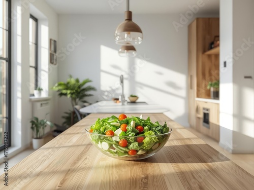 Modern kitchen interior with bowl of fresh salad on table