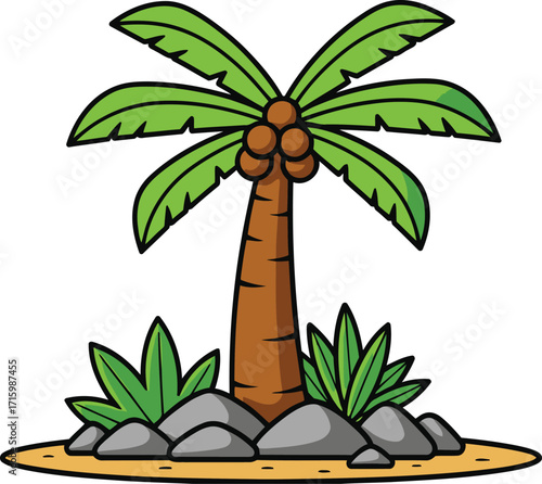 Tropical paradise scene showing a cartoon coconut palm tree with green fronds on a sandy island
