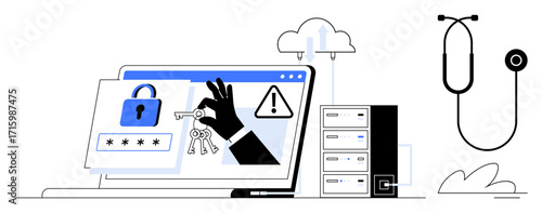 Laptop with password input, hacker hand holding keys, medical icons, warning sign, cloud upload, and servers. Ideal for cybersecurity, health data security, system breach vulnerability digital