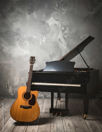 Acoustic guitar and grand piano in a room