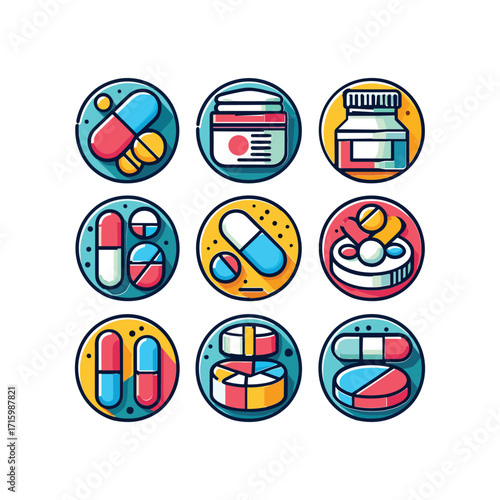 Colorful icons of various medications and pills