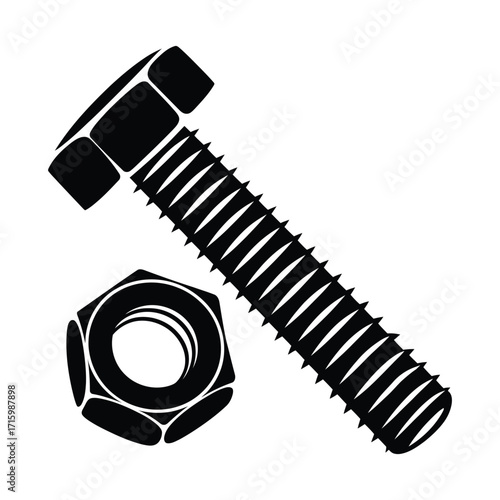 Black silhouette of a bolt and nut on a white background representing construction and repair