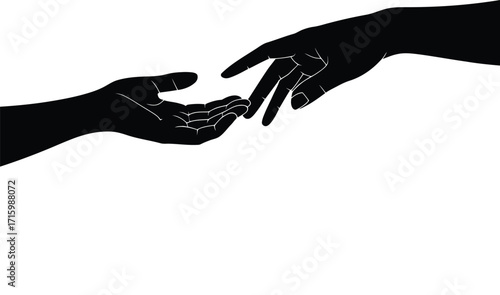 Two silhouetted hands reaching out to touch each other against a white background