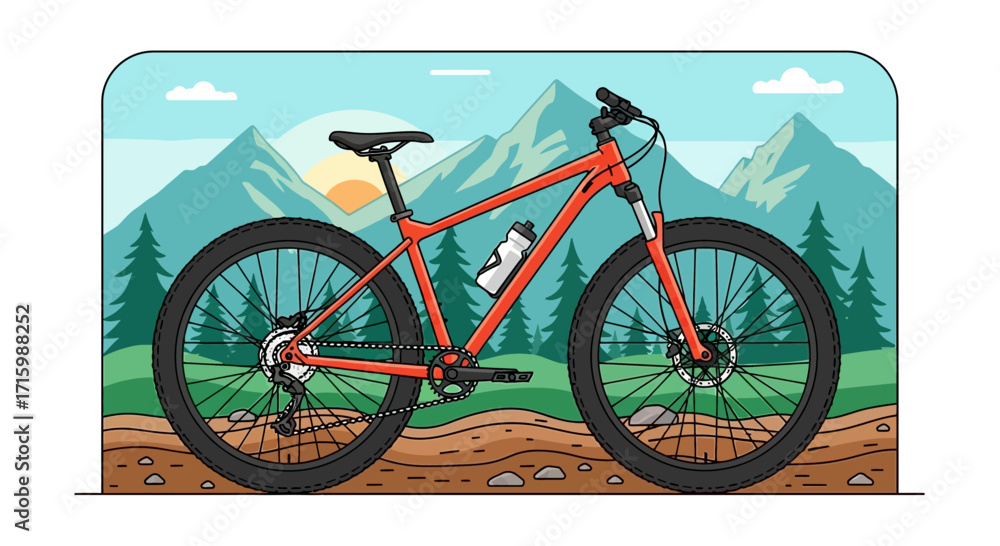 Fototapeta premium A cartoon illustration depicting a mountain bike set in a scenic landscape