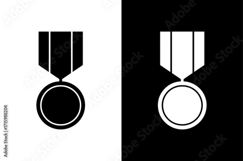Medal Award Badge Silhouette Icon. Ribbon Emblem Vector Illustration Black White Background