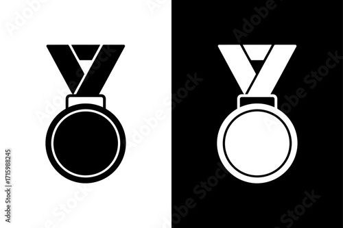 Silhouette Badge with Ribbon Icon. Award Medal Vector Design in Black and White