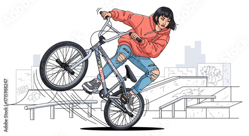 Youthful exuberance girl performing a dynamic bmx stunt at skatepark