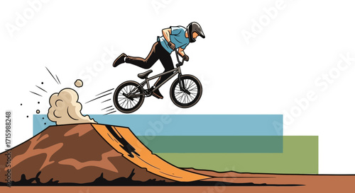 A BMX Rider Performing an Aerial Trick Over a Jump on Dirt Track