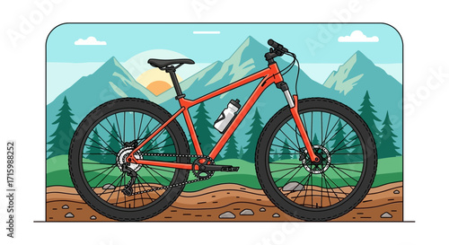 A cartoon illustration depicting a mountain bike set in a scenic landscape