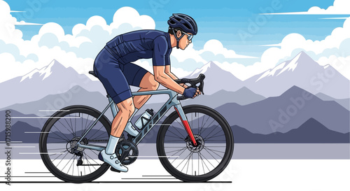 A cyclist amidst mountain peaks showing determination and freedom