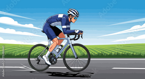A dynamic cyclist rides on the road with a landscape background art