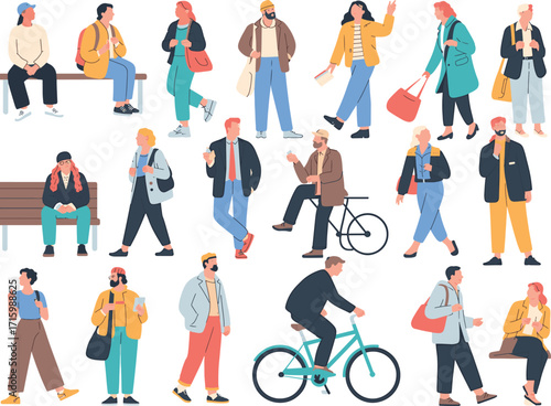 Diverse group of people in casual clothing engaged in various activities like sitting standing and cycling presented in a flat design style