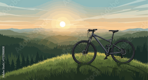 Bike on a grass hill with sunrise scenery, mountain biking adventure
