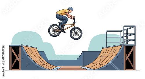 Bike rider executing a jump on a ramp in a stylized illustration