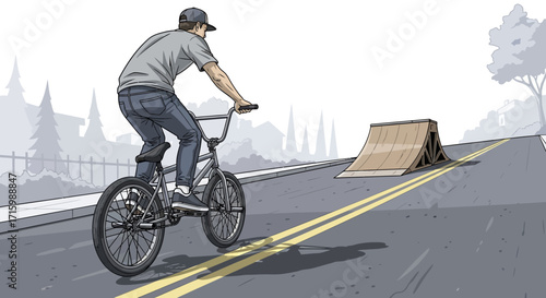 BMX rider approaching the ramp on a road illustration urban lifestyle