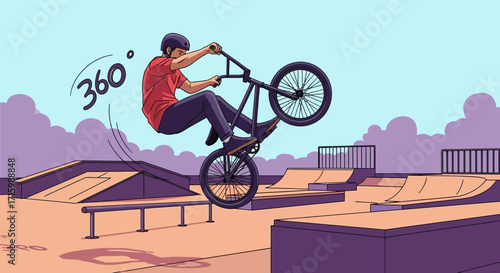 BMX rider executing a 360 trick in a modern stylized skatepark illustration