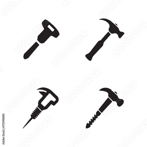 Jackhammer building equipment tool solid icons set