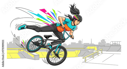 Cartoon Illustration of a Female BMX Rider Performing an Aerial Trick