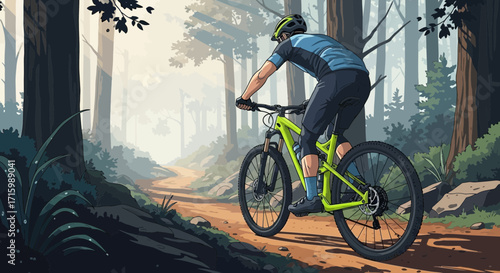 Cartoon illustration of a mountain biker riding through a misty forest