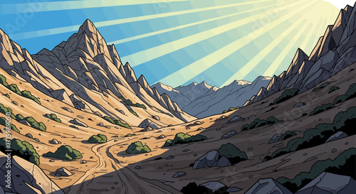 Cartoon illustration of a sunlit rocky mountain landscape, scenic view