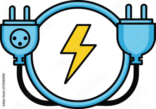 Electrical power surge depicted with blue plugs connecting to a bright yellow lightning bolt