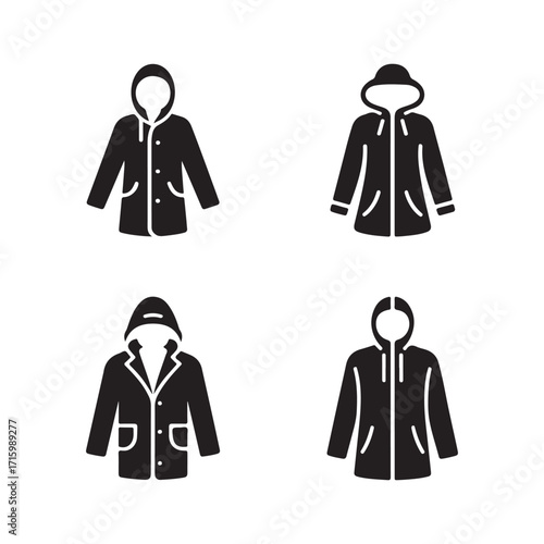 Raincoat fashion stylish waterproof outfit solid icons set