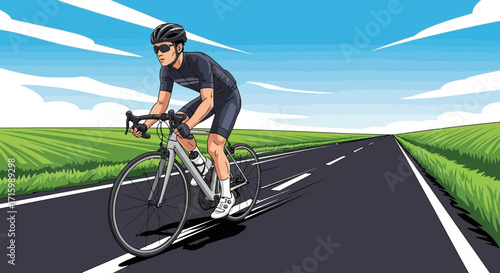 Cyclist achieving peak performance, powering forward on an open highway