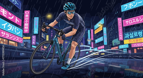 Cyclist navigates through the glowing neon city in the pouring rain