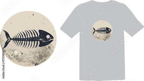 Grunge Fish Skeleton Fossil on Textured Circle Vector Illustration