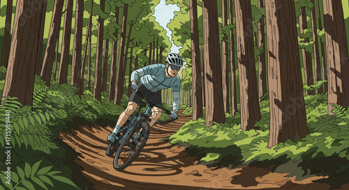 Cyclist navigating a rugged woodland trail with dynamic motion in forest